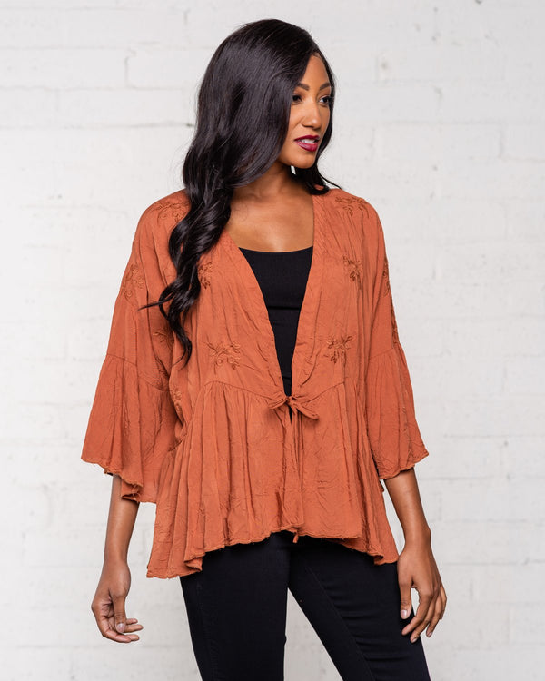 BOHO EMBROIDERED TIE TOP - NUTMEG