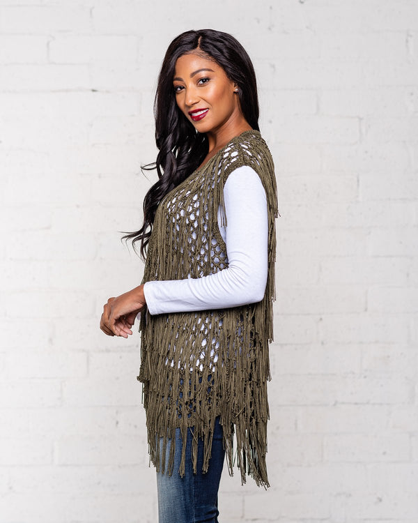 FRINGED VEST - OLIVE