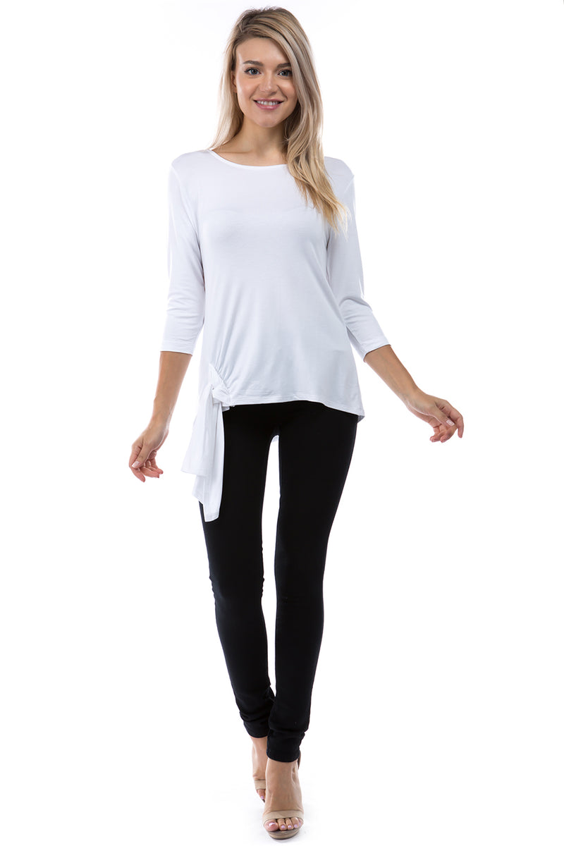 SLINKY KNIT  3/4 SLEEVE WITH SIDE TIE TOP - WHITE