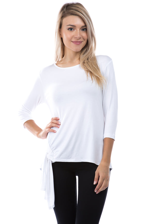 SLINKY KNIT  3/4 SLEEVE WITH SIDE TIE TOP - WHITE