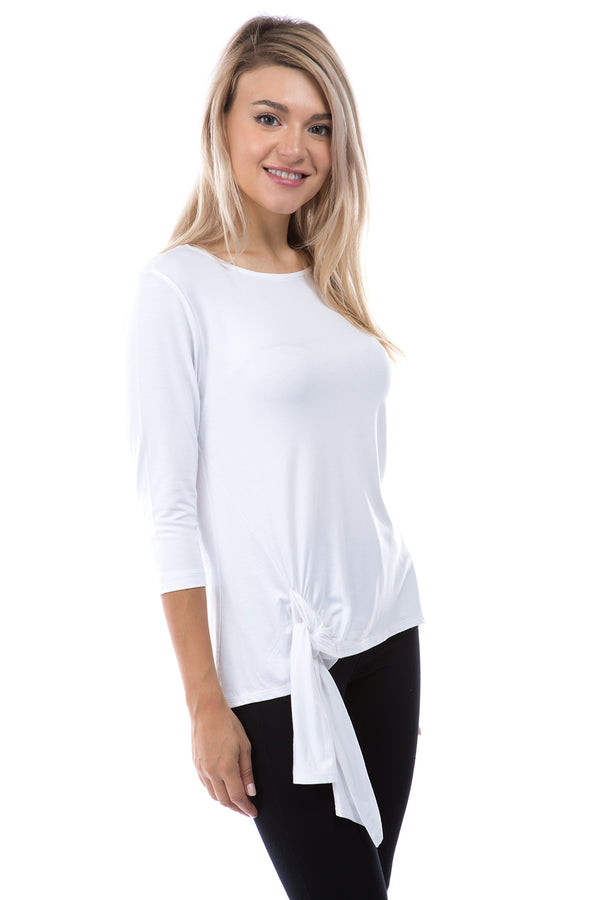 SLINKY KNIT  3/4 SLEEVE WITH SIDE TIE TOP - WHITE