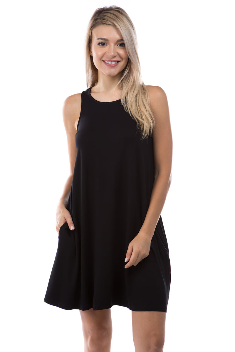 SLINKY KNIT SLEEVELESS TRAPEZE DRESS - BLACK