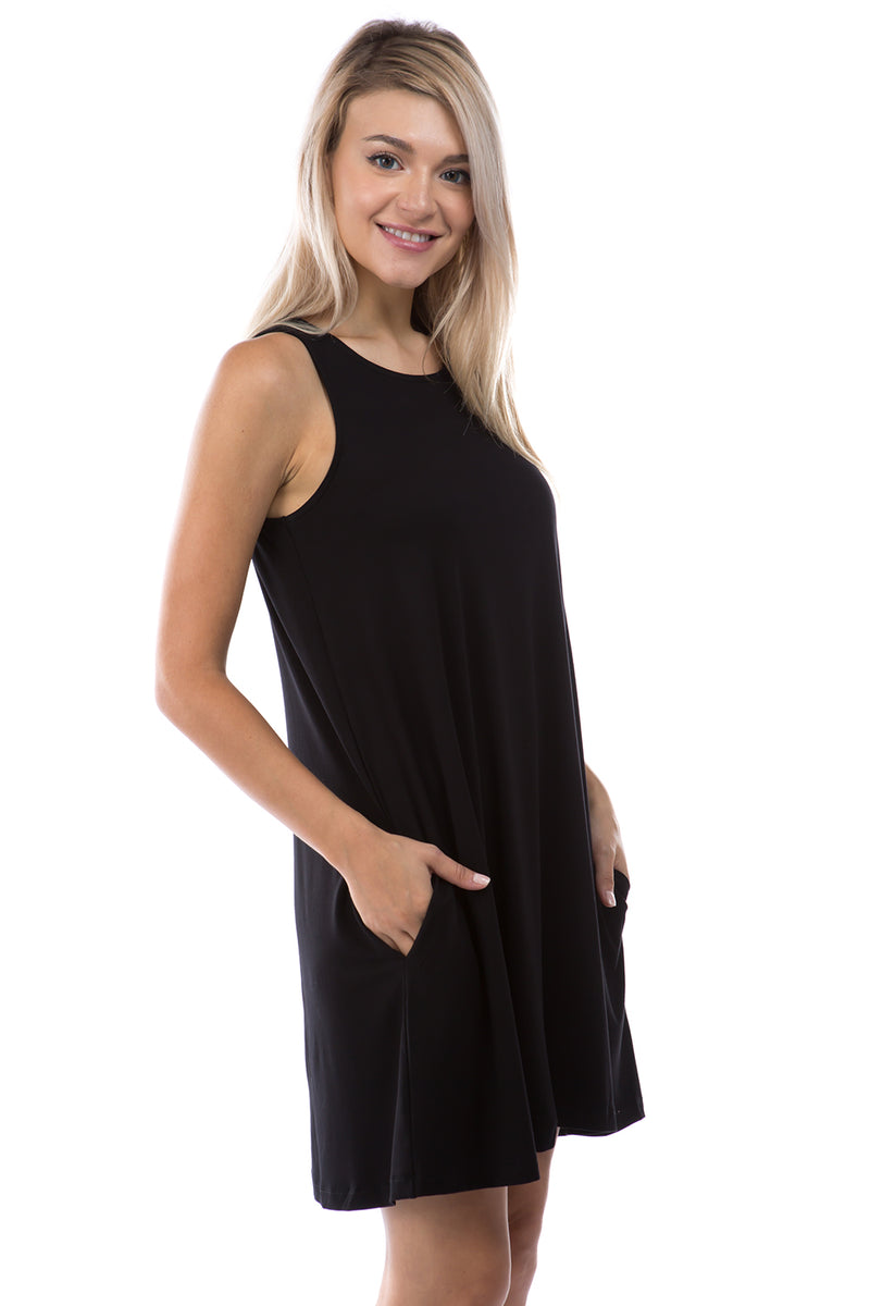 SLINKY KNIT SLEEVELESS TRAPEZE DRESS - BLACK