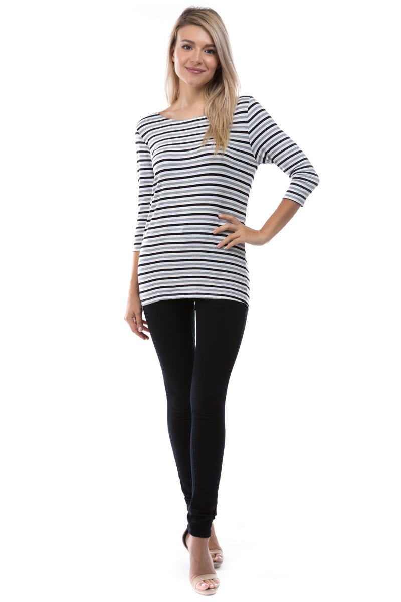 SLINKY KNIT  3/4 SLEEVE WITH BACK BUTTON DETAIL - STRIPE