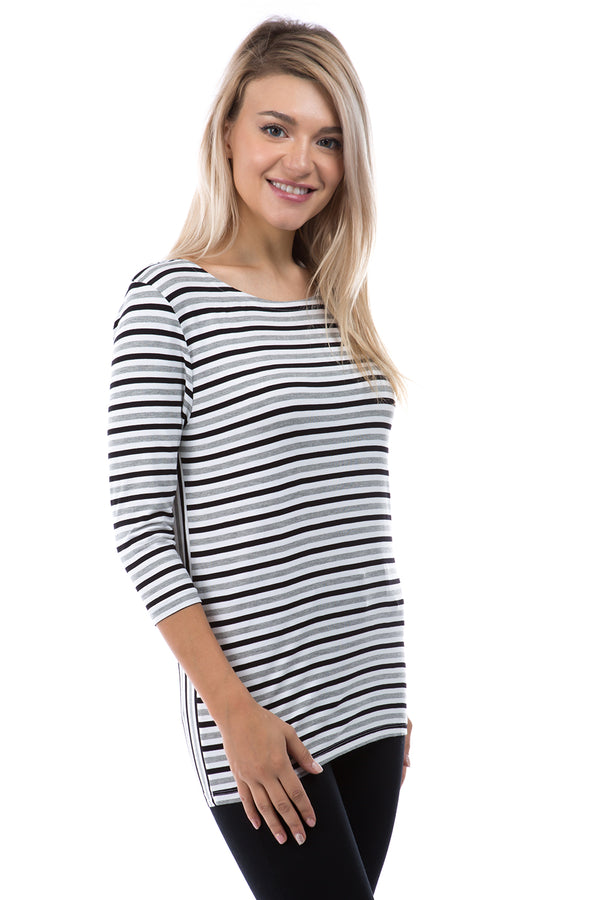 SLINKY KNIT  3/4 SLEEVE WITH BACK BUTTON DETAIL - STRIPE