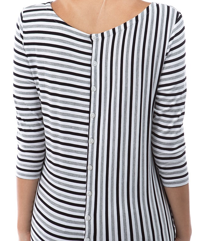 SLINKY KNIT  3/4 SLEEVE WITH BACK BUTTON DETAIL - STRIPE