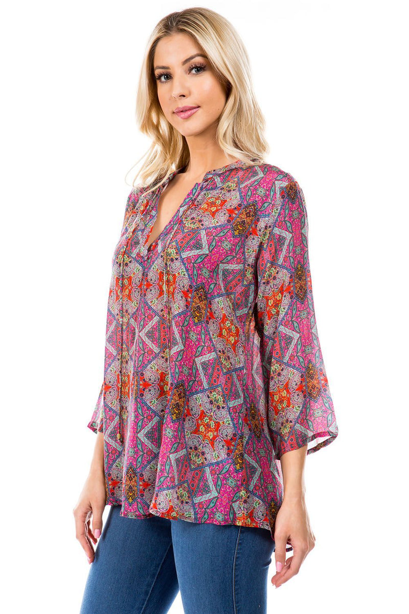 V NECK WITH TIE FRONT TOP - MAGENTA ABSTRACT