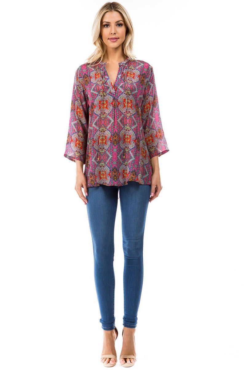 V NECK WITH TIE FRONT TOP - MAGENTA ABSTRACT
