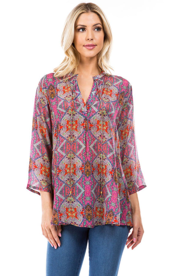 V NECK WITH TIE FRONT TOP - MAGENTA ABSTRACT