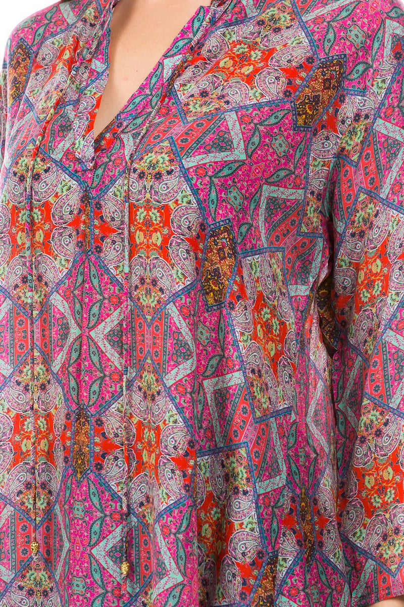V NECK WITH TIE FRONT TOP - MAGENTA ABSTRACT