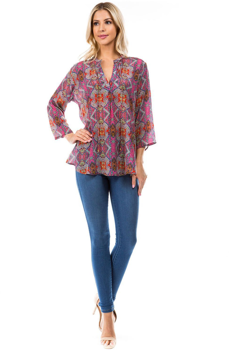 V NECK WITH TIE FRONT TOP - MAGENTA ABSTRACT