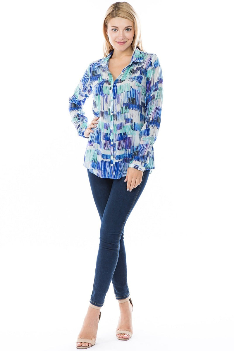 COLLARED LONG SLEEVE BUTTON FRONT TOP - BLUE GEOMETRIC WITH BACK DETAIL