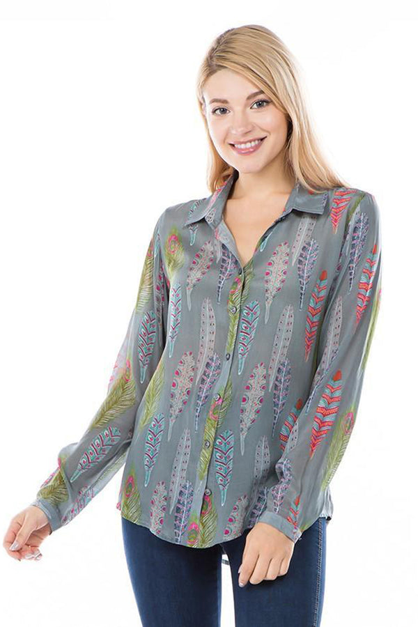COLLARED LONG SLEEVE BUTTON FRONT TOP - GRAY LEAF