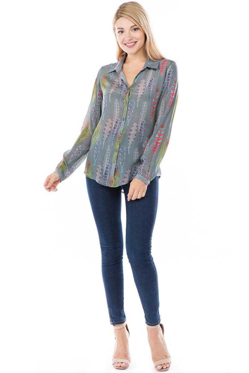 COLLARED LONG SLEEVE BUTTON FRONT TOP - GRAY LEAF