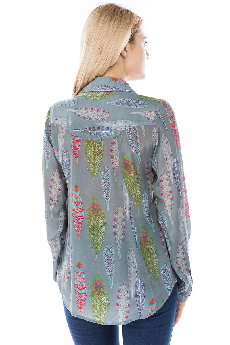 COLLARED LONG SLEEVE BUTTON FRONT TOP - GRAY LEAF