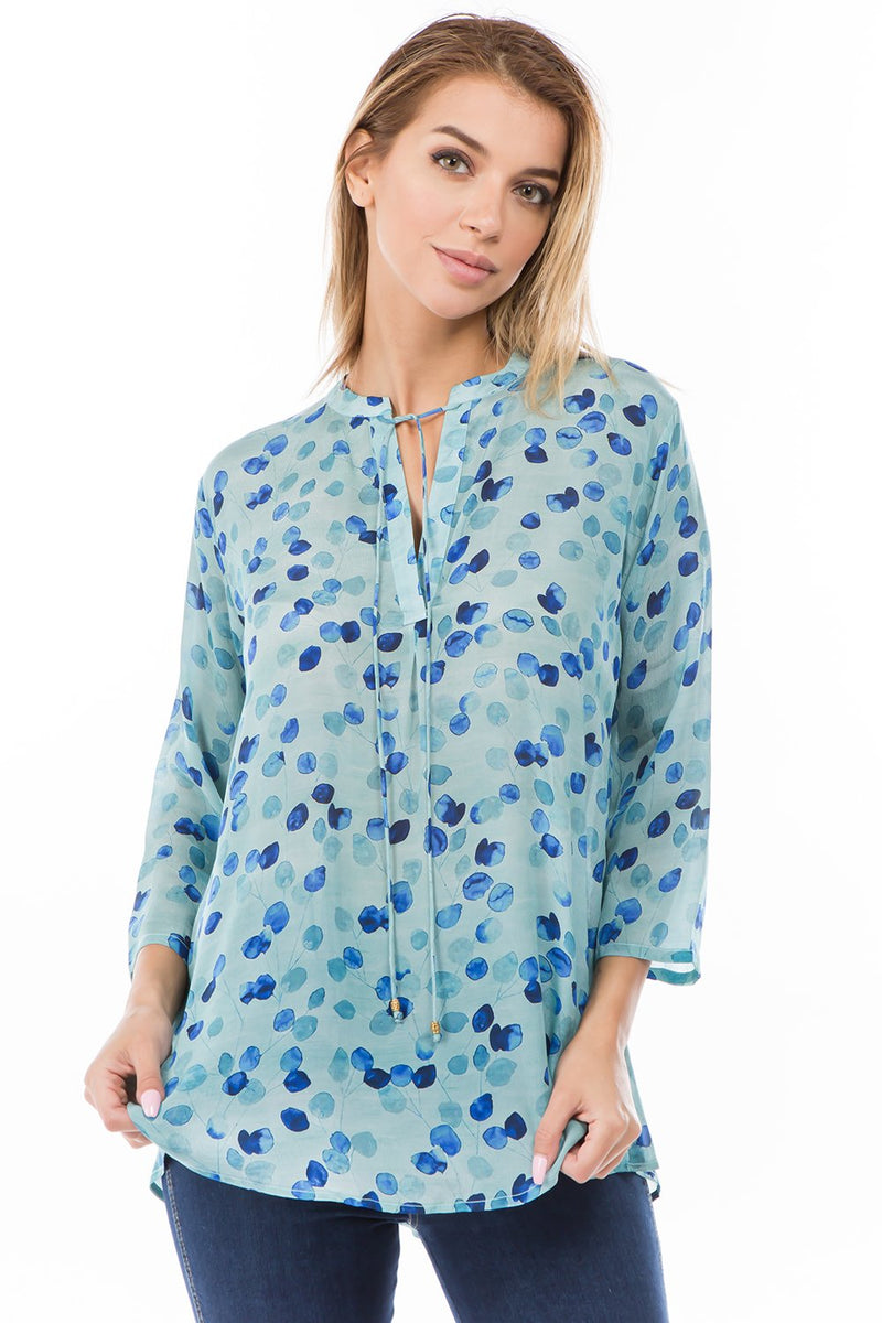 V NECK WITH TIE FRONT TOP - TEAL FLORAL