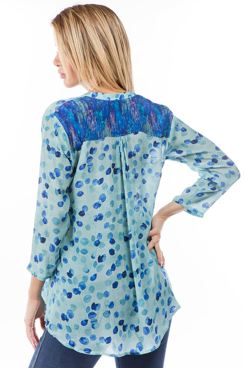 V NECK WITH TIE FRONT TOP - TEAL FLORAL WITH BACK DETAIL