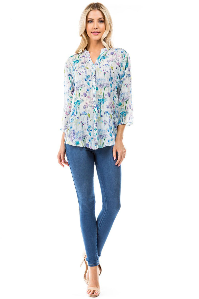 MANDARIN COLLAR BUTTON FRONT TOP - BLUE FLORAL