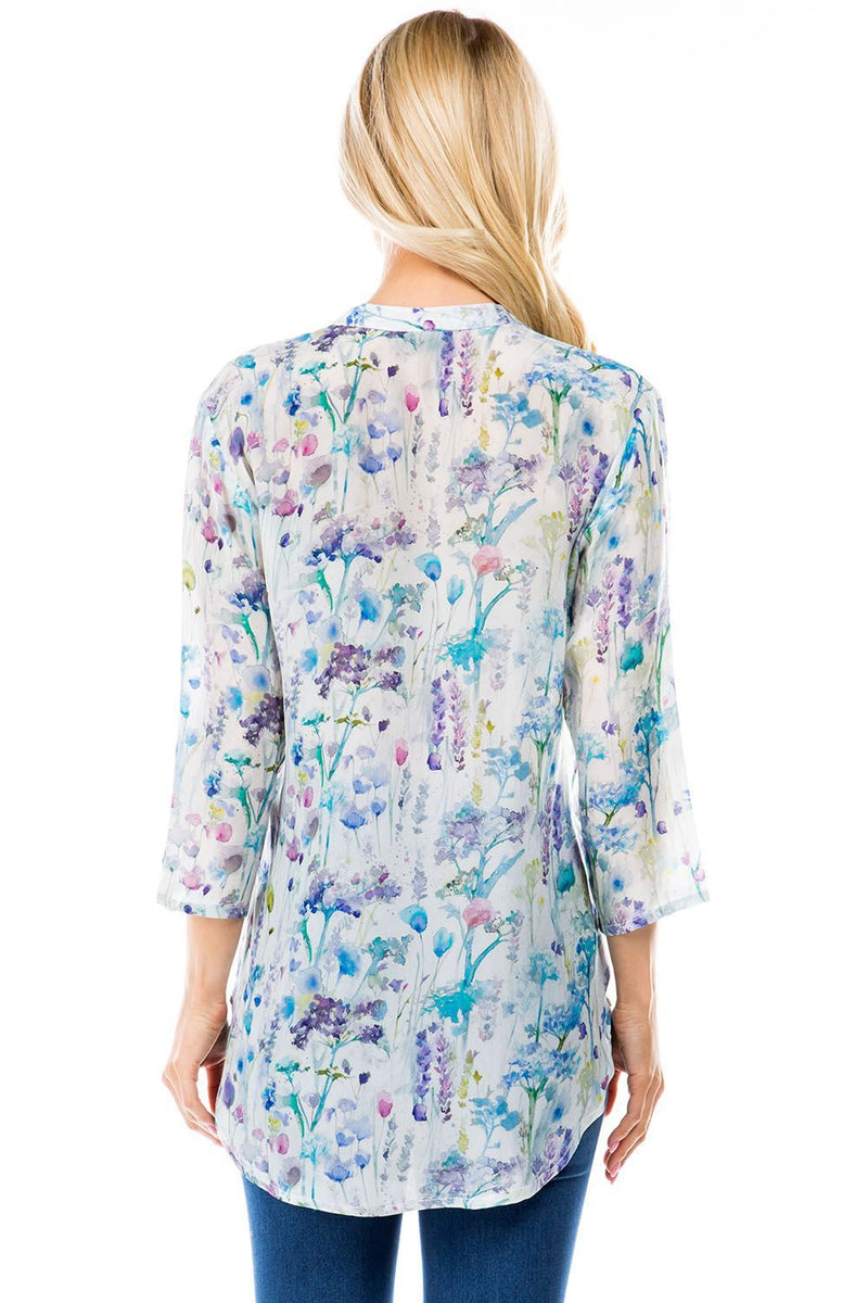 MANDARIN COLLAR BUTTON FRONT TOP - BLUE FLORAL