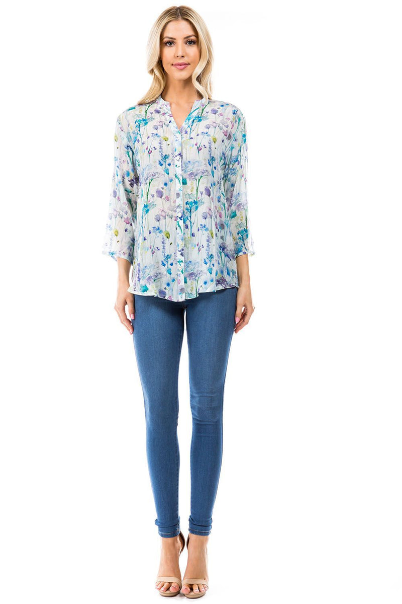 MANDARIN COLLAR BUTTON FRONT TOP - BLUE FLORAL