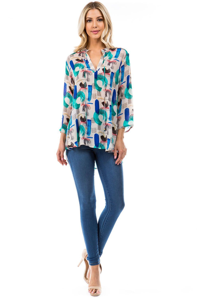 V NECK WITH TIE FRONT TOP - MULTI GEOMETRIC