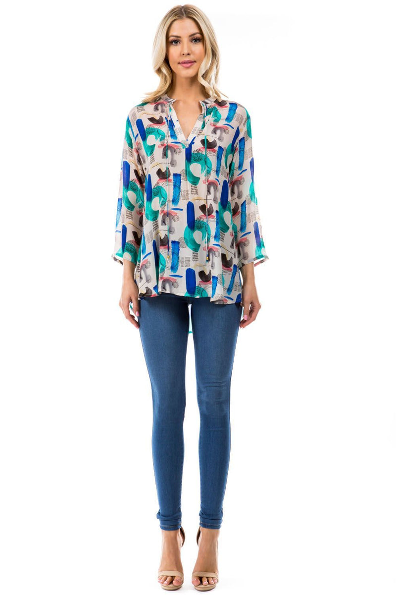 V NECK WITH TIE FRONT TOP - MULTI GEOMETRIC