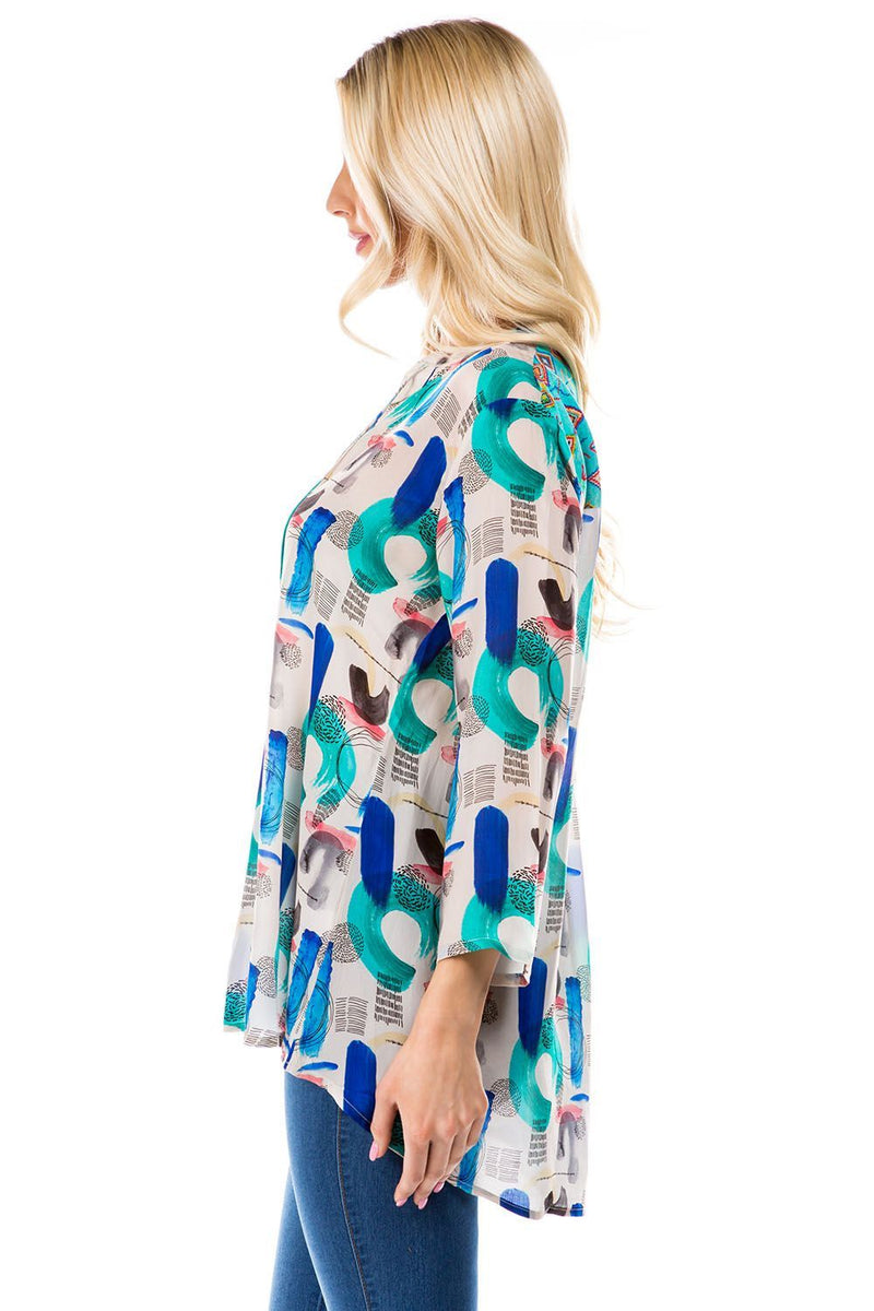 V NECK WITH TIE FRONT TOP - MULTI GEOMETRIC