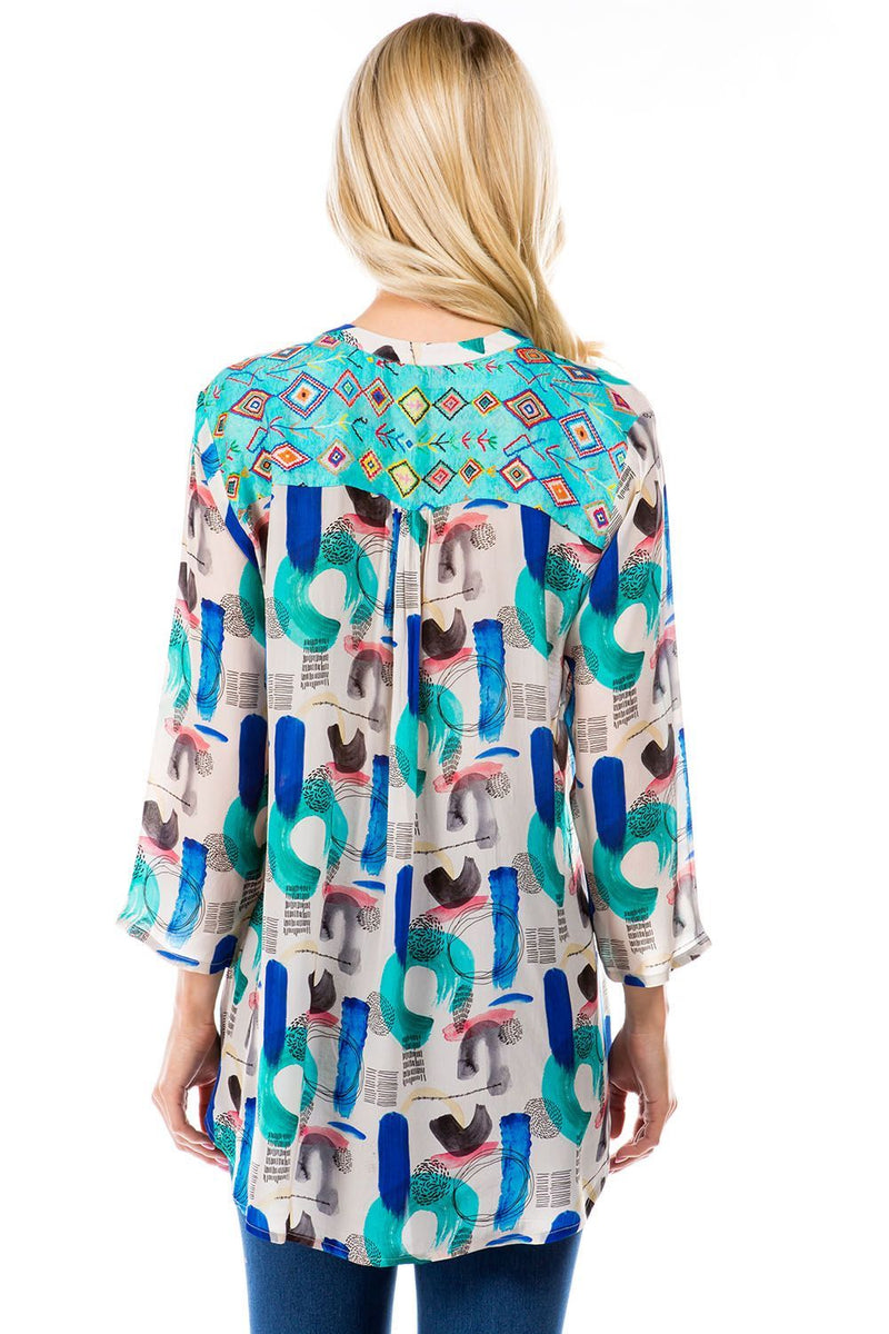 V NECK WITH TIE FRONT TOP - MULTI GEOMETRIC