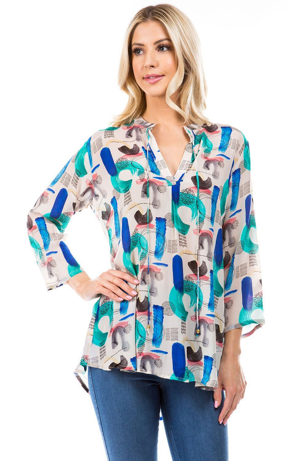 V NECK WITH TIE FRONT TOP - MULTI GEOMETRIC