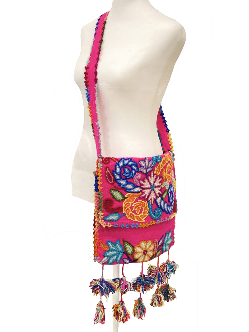 CLEVER CARRIAGE BOHO EMBROIDERED CROSS BODY - FUCHSIA