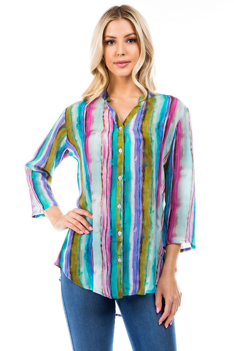 MANDARIN COLLAR BUTTON FRONT TOP - WATERCOLOR STRIPE