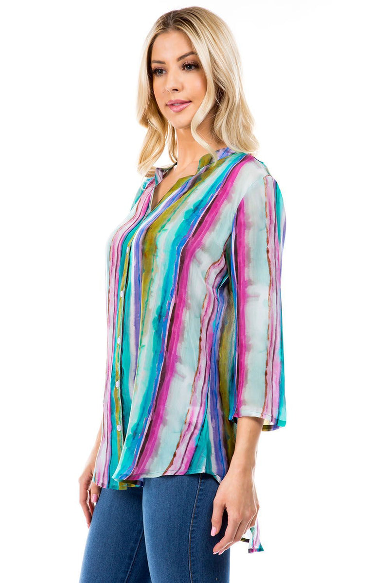 MANDARIN COLLAR BUTTON FRONT TOP - WATERCOLOR STRIPE