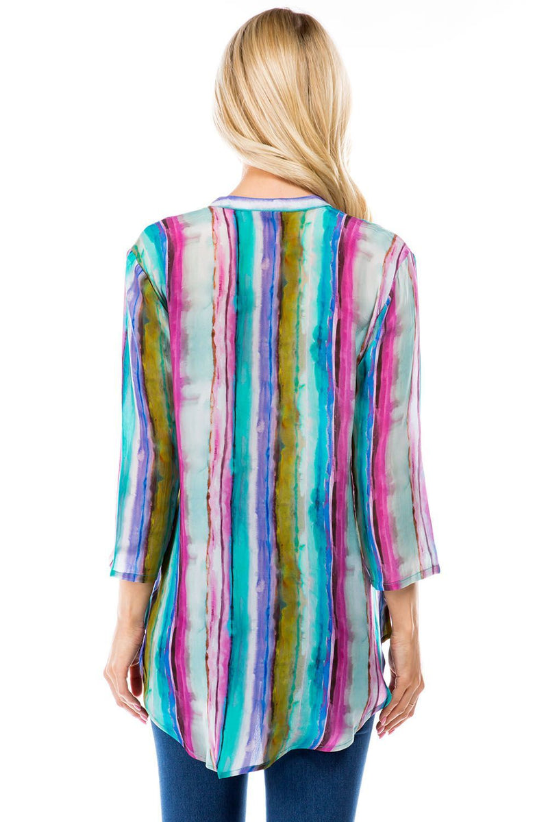 MANDARIN COLLAR BUTTON FRONT TOP - WATERCOLOR STRIPE