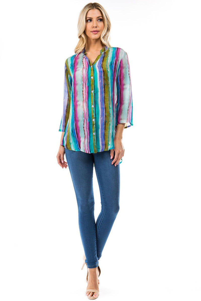 MANDARIN COLLAR BUTTON FRONT TOP - WATERCOLOR STRIPE