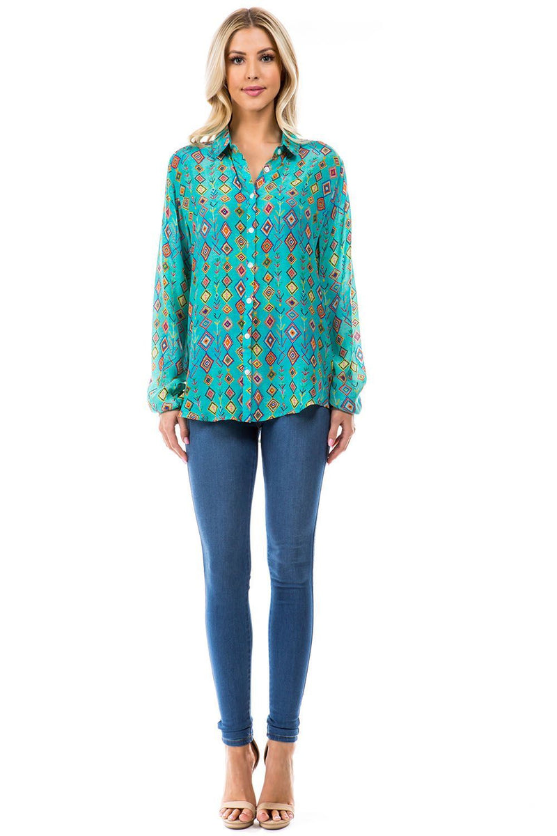 COLLARED LONG SLEEVE BUTTON FRONT TOP - TURQUOISE GEOMETRIC WITH BACK DETAIL