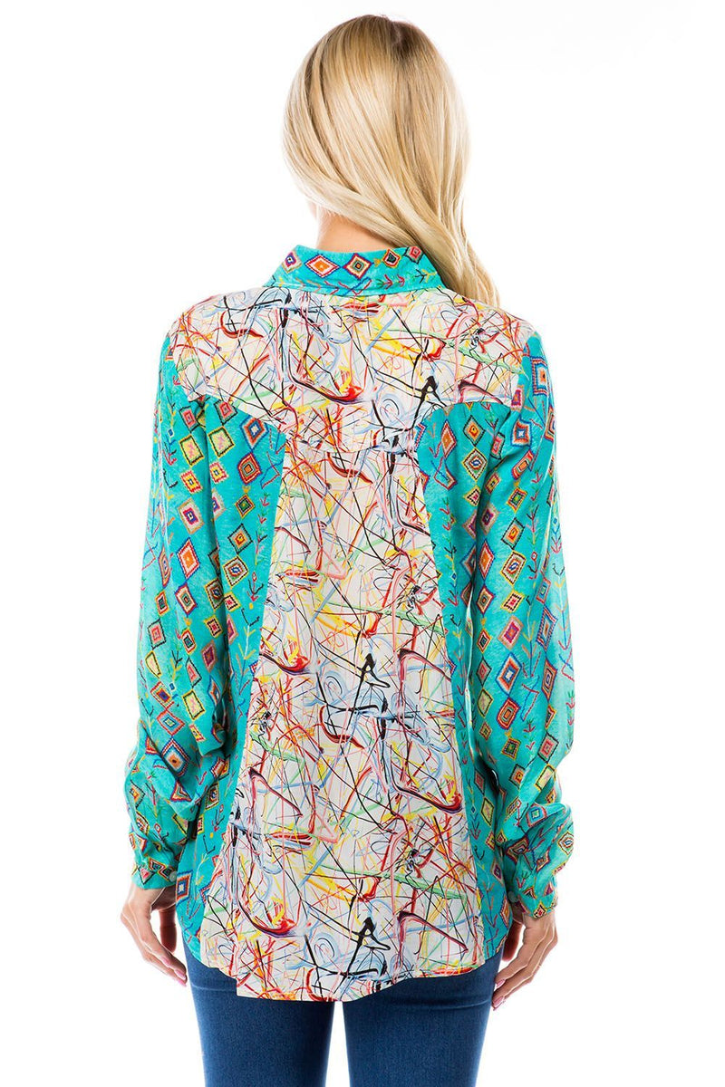 COLLARED LONG SLEEVE BUTTON FRONT TOP - TURQUOISE GEOMETRIC WITH BACK DETAIL