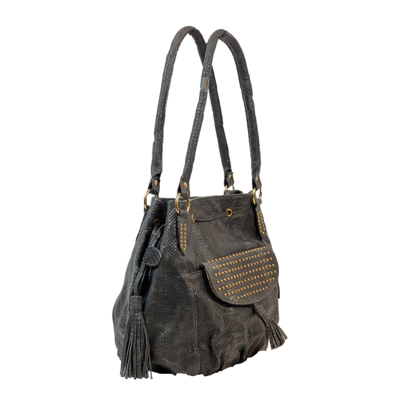 CLEVER CARRIAGE PYTHON STUDDED SATCHEL WITH TASSELS