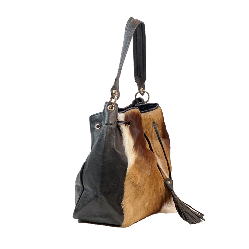 CLEVER CARRIAGE NATURAL SPRINGBOK & LEATHER SATCHEL