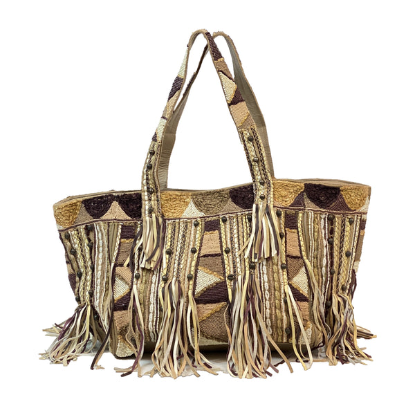 CLEVER CARRIAGE LEATHER SHOPPER WITH FRINGE & BEADWORK