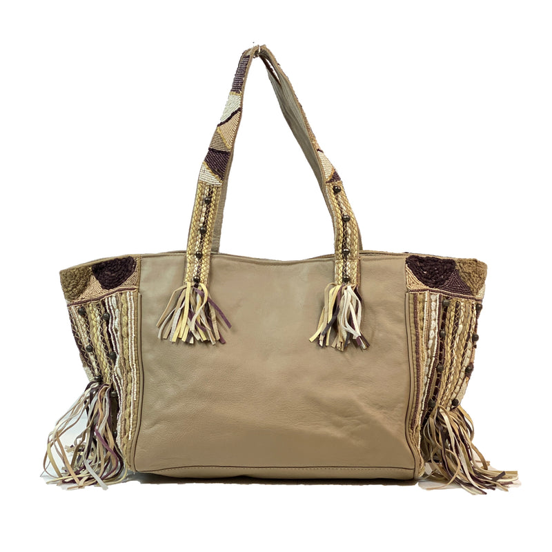 CLEVER CARRIAGE LEATHER SHOPPER WITH FRINGE & BEADWORK