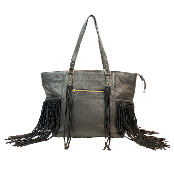 CLEVER CARRIAGE LEATHER BOHO SHOPPER WITH SUEDE FRINGE
